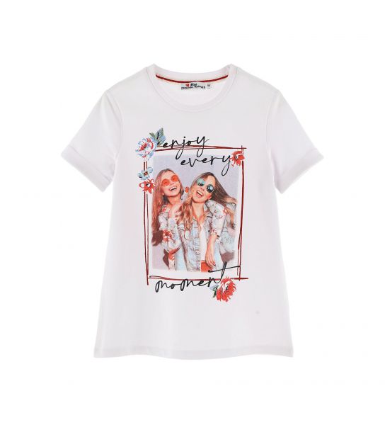 T-SHIRT WITH PRINTS AND GLITTER IN FRONT